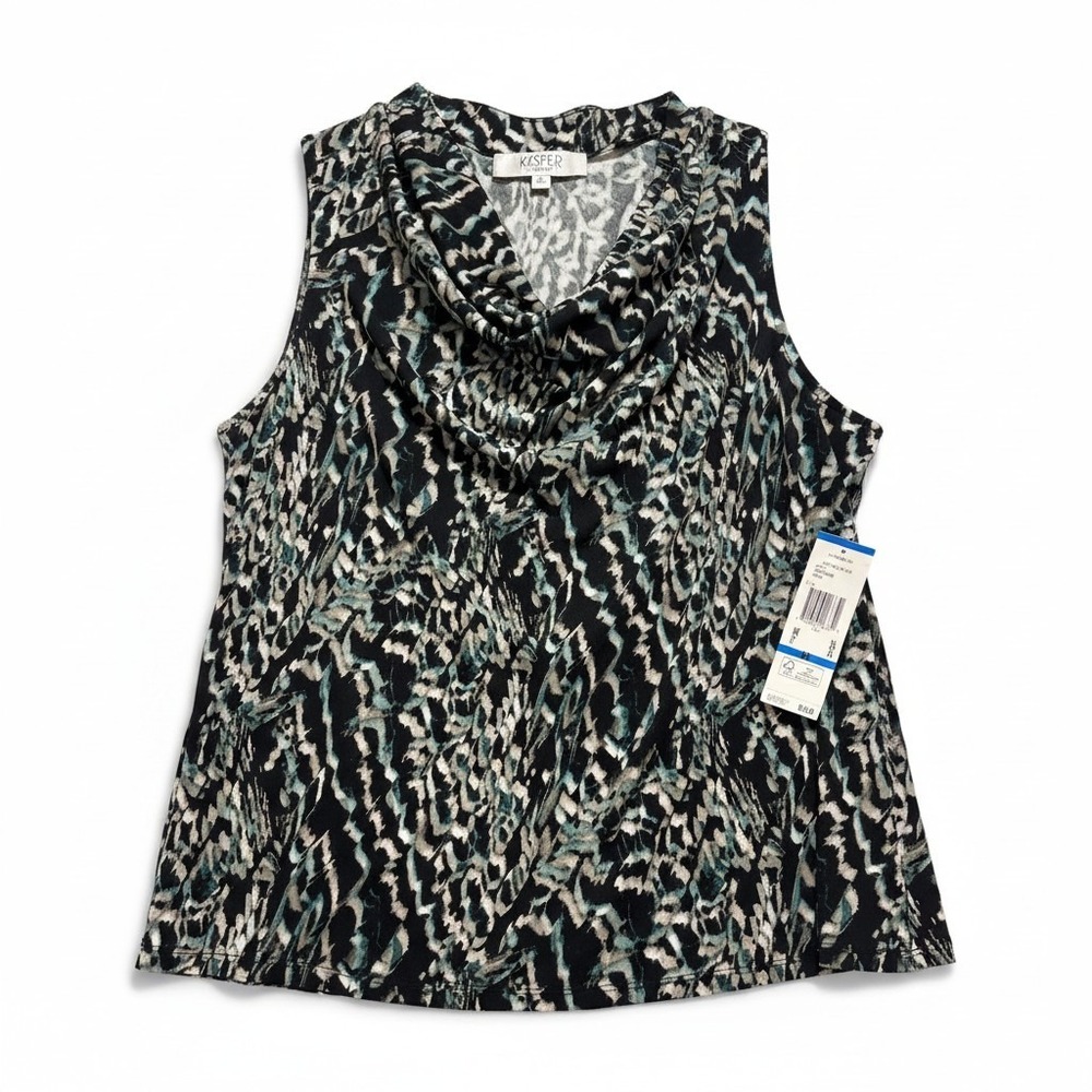 Kasper XL Soft Teal Black Cowl Neck Sleeveless Top Womens Casual Cozy Boho NWT